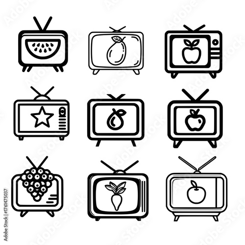 Classic television screen icon set showing various fruits like watermelon apple starfruit and orange