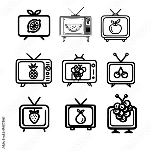 Retro TV icon pack of tropical and orchard fruits including apple pear cherry grape and pomegranate