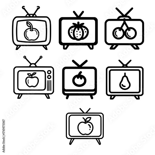 Classic television screen icon set showing various fruits like pear cherry tomato and apple