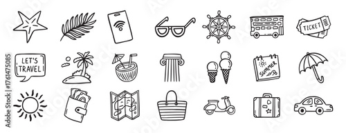 travel doodle hand drawn icon set. Outline drawing travel tourism line clipart symbols