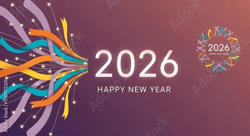 Happy New Year 2026 banner festive ribbons and decorative elements perfect for holiday greetings and event promotions