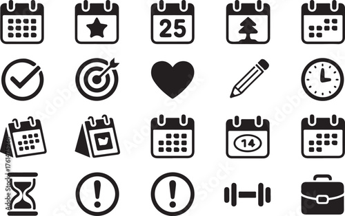 Calendar flat icons. Vector illustration include icon - hourglass, deadline, timetable, deadline, agenda, sandglass glyph silhouette pictogram for syllabus schedule