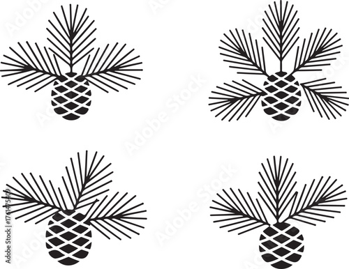 Cedar or pine cones on branches with needles. Vector black illustrations set isolated on white background