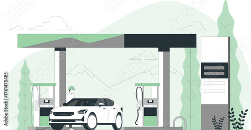 Person at electric vehicle charging station with car and charging equipment Keywords: electric car, EV, charging station, car, vehicle, automobile, transportation, technology, future, sustainable