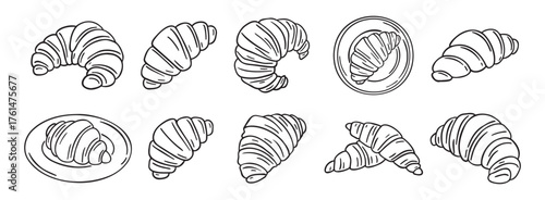 croissant doodle hand drawn icon set. Outline drawing croissant french breakfast line clipart symbol collection
