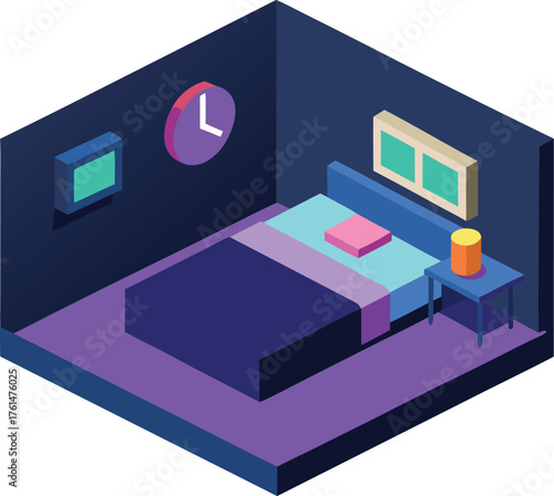 Isometric vector illustration of a modern bedroom with adaptive svg elements