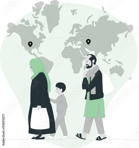 Family Walking Across World Map with Pins Indicating Travel Between Continents migration journey