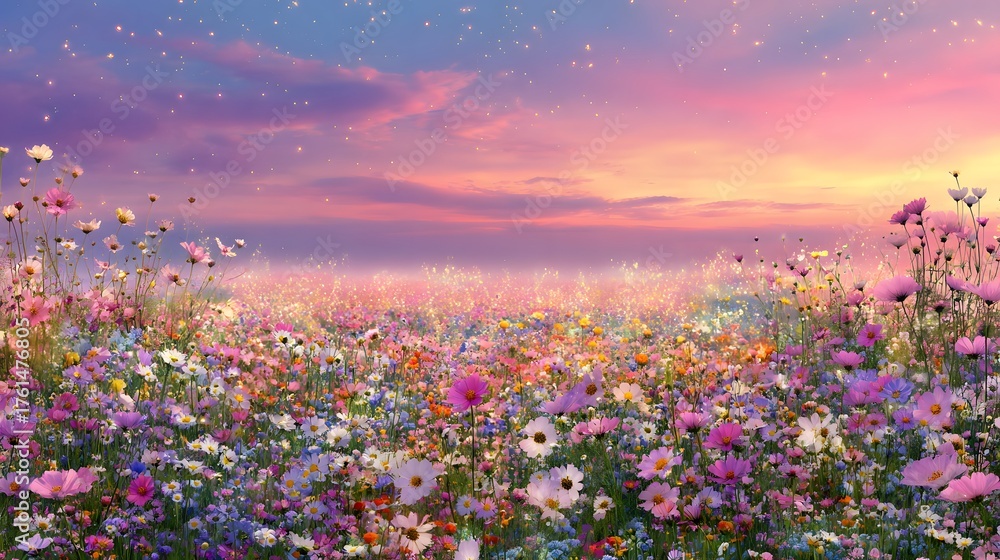 Naklejka premium Field of colorful flowers under a pastel sky with gentle light.