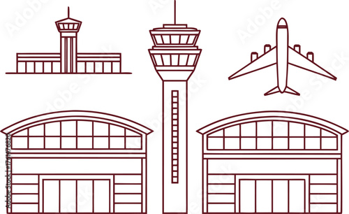 Airport Collection Set Design in Outlines. Air Travel and Aviation Elements Illustration. Airport Transportation Symbol Set. Modern Flight and Terminal Outline Design. Airplane and Airport Facility