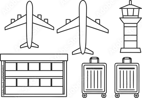 Airport Collection Set Design in Outlines. Air Travel and Aviation Elements Illustration. Airport Transportation Symbol Set. Modern Flight and Terminal Outline Design. Airplane and Airport Facility