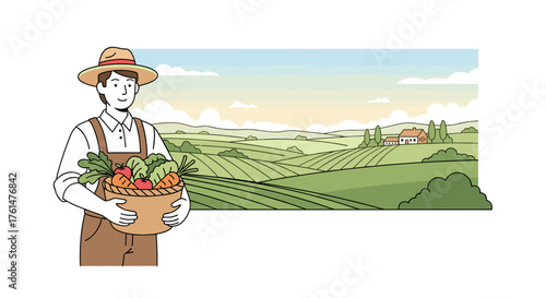 Set of horizontal banners with farmers picking crops, taking care of cows, making hay. People at farm vector flat illustration. Scenes with agricultural workers on farmland isolated. Harvest season
