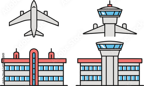 Airport Collection Set Design in Outlines. Air Travel and Aviation Elements Illustration. Airport Transportation Symbol Set. Modern Flight and Terminal Outline Design. Airplane and Airport Facility