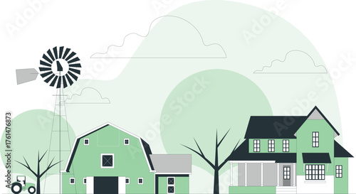 Rural farm scene with barn, farmhouse, windmill, and tractor countryside agriculture