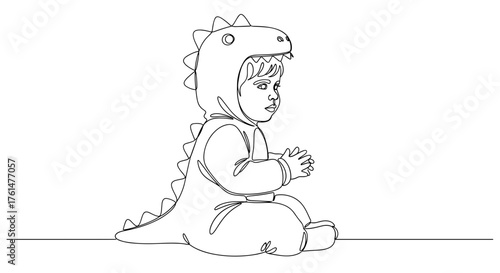Toddler in dinosaur costume sitting in minimalist line art – symbol of imagination and childhood wonder