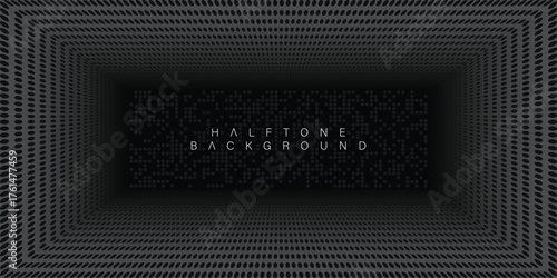 Dark 3D tunnel background with receding halftone planes creating deep perspective and futuristic corridor effect, black and grey dots forming digital texture for sci-fi, gaming, and cyber technology