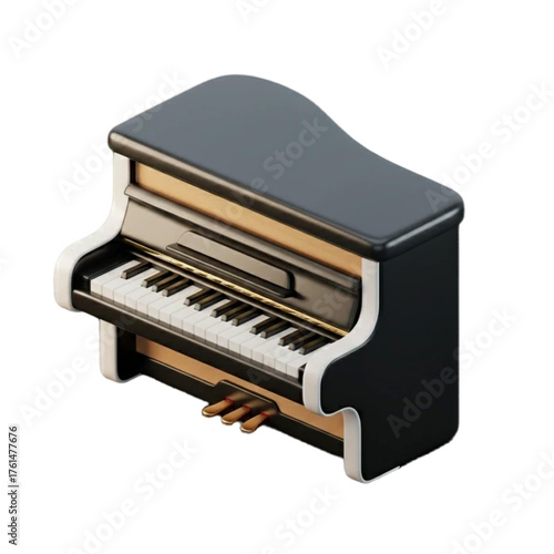 Elegant three-dimensional upright piano render, featuring a dark polished finish and detailed keys, evoking the essence of a beautiful musical journey and timeless artistry
