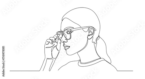 Woman adjusting glasses on nose in minimalist line art – symbol of focus and clarity