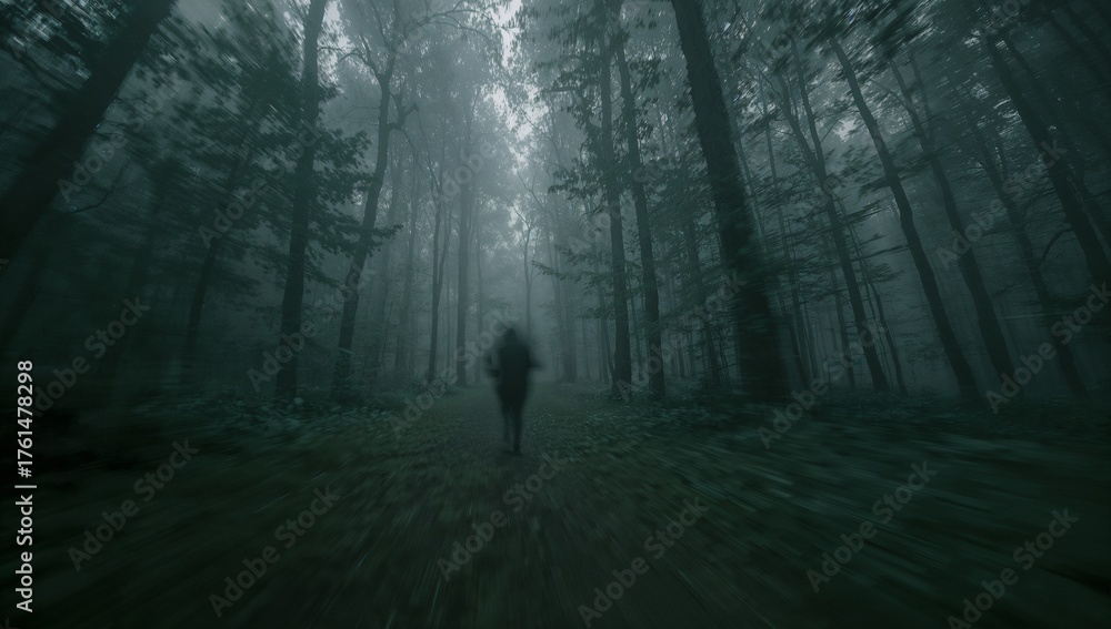 Obraz premium Walking blurred figure wearing hooded jacket and carrying backpack along foggy forest path, mist
