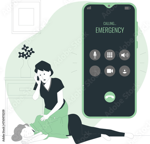 Woman calling emergency on smartphone while another woman lies on floor help