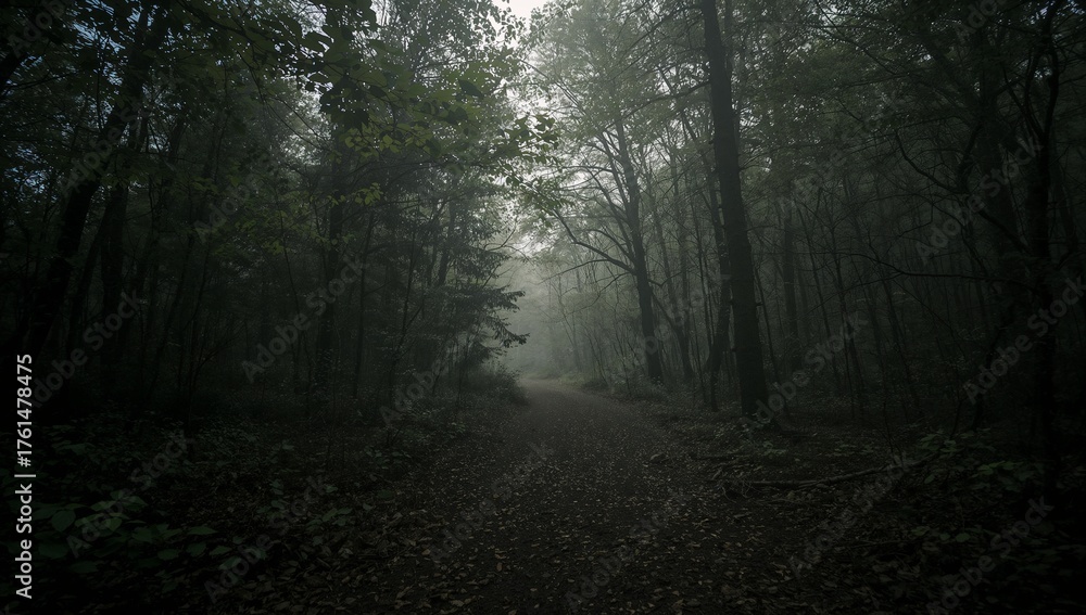 Naklejka premium Showing narrow dirt path stretching through misty woodland, with ambient fog and fallen leaves