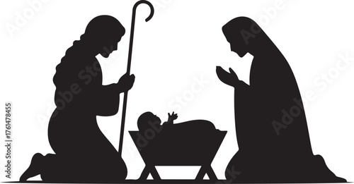 Christmas scene, Christianity birth of baby Jesus. Mary and Joseph, manger holiday silhouette. Vector illustration icon