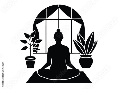 Vector art of woman meditating in lotus position in silhouette