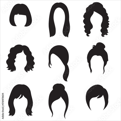 Women's Hairstyle Silhouettes: Black Vector Icons for Haircuts and Wigs