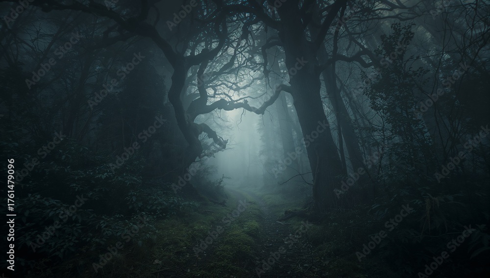 Obraz premium Narrow mossy path winding in foggy forest, with twisted gnarled tree trunks and dense undergrowth