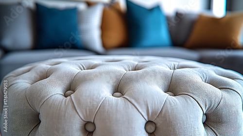 Beige ottoman  couch pillows detail.