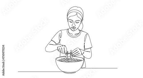 Woman snapping beans into bowl in minimalist line art – symbol of tradition and mindful preparation