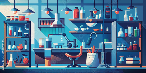 Illustration of a science laboratory with equipment and furniture in blue tones