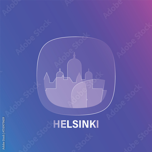 Helsinki, Finland: icon and logo prototype with glass liquid effect. Flat emblem with shapes of landmarks. Concept for mobile app, sticker, web element