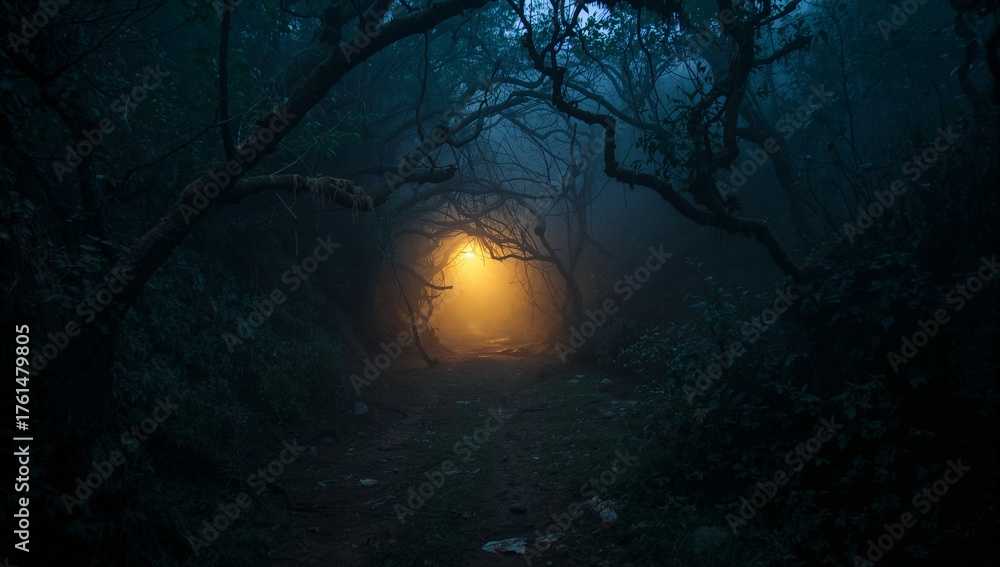 Obraz premium Glowing warm light revealing dirt path through forest tunnel, with twisted branches and underbrush