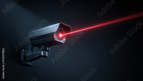 Advanced security camera with red laser beam detecting threats, symbolizing vigilance and protection in a modern surveillance system