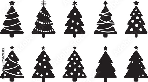 Christmas tree icons isolated on white background in big set. Black vector silhouettes of christmas trees with a stars at the top