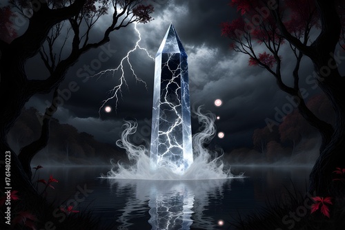 A towering crystal tower emerging from a dark