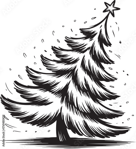 Christmas tree vector illustration. Hand drawn, engraving, ink, sketch