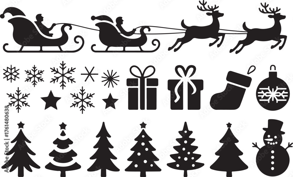 Naklejka premium Christmas vector set of black color icons on isolated background. Christmas icons of trees, deer, stars, gifts, and so on for your design. Vector illustration