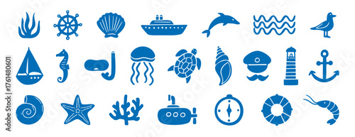 hand drawn doodle sea silhouette elements. marine ships, sailors and underwater plants, shells, starfish and corals.