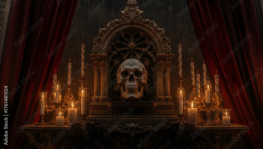 Obraz premium Flickering candlelight dancing across altar with red drapes in gothic chamber, showing human skull