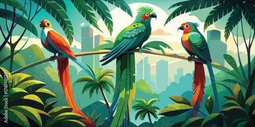 Three colorful quetals birds perched on branches in a tropical jungle vector illustration art
