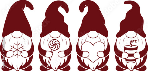 Four vector stencils of gnomes for cutting. Window decoration, gnome protrusion. 
