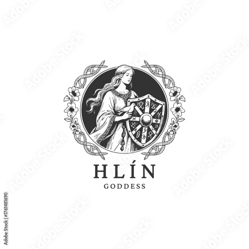 engraving logo featuring the Norse Goddess Hlín, the deity of protection. She is depicted holding a traditional Viking shield adorned with runic symbols, framed by a delicate border of Celtic knots