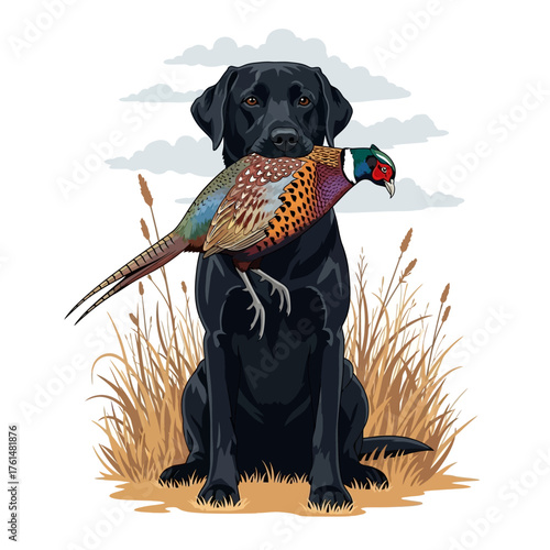 Black Labrador Retriever sitting in grass holding a colorful ring-necked pheasant in mouth
