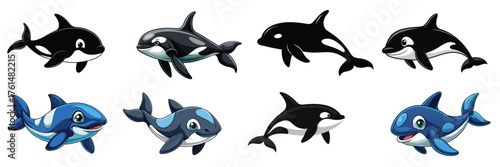 Collection of playful cartoon killer whales in various poses. Concept of marine animals, ocean life, cute orca illustrations, character design for kids