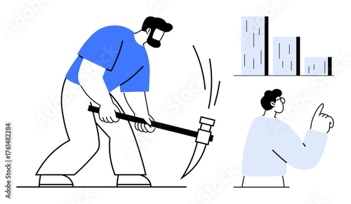 Man hammering with pickaxe, supervisor analyzing growth chart. Ideal for progress, labor, teamwork, strategy, productivity, mining business success concepts. Modern simple flat metaphor