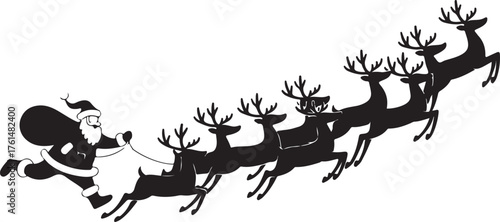 Graphic silhouette of Santa flying in sleigh harnessed with nine reindeers
