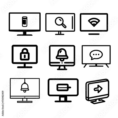 Monitor screen with essential interface icons like battery magnifier wifi and lock in vector style