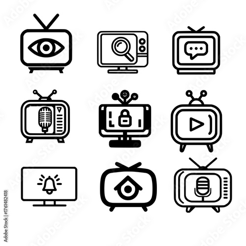 Essential media icon set on classic television screen with mic bell play search and home icons