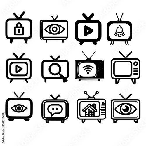 Vintage tv showing essential ui icons including lock bell eye play and wifi in flat vector